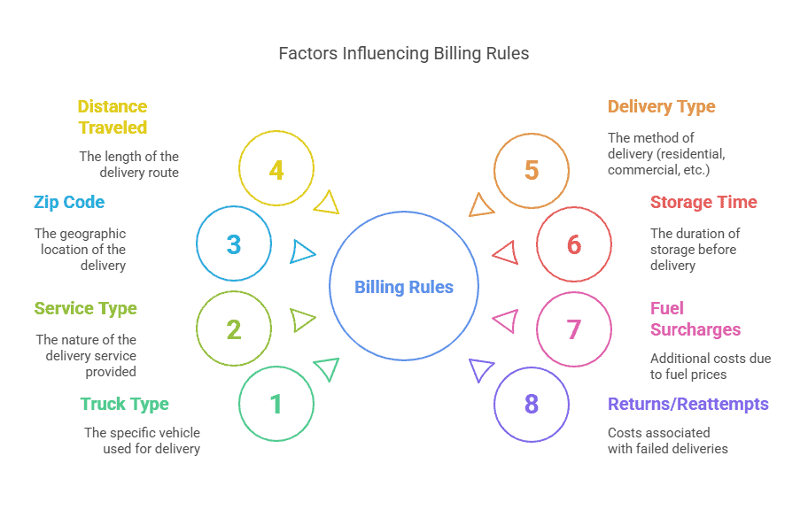 TrackOps Billing Automation is a smart engine that monitors delivery statuses and automatically creates invoices once a qualifying event occurs—like “Delivered” or “Picked Up.” The system can apply different billing rules based on: Truck type or service type Zip/postal code Distance traveled Delivery type (residential, commercial, curbside, white glove) Storage or delay time Fuel surcharges Returns or reattempts This results in faster billing, fewer disputes, and zero manual entry.